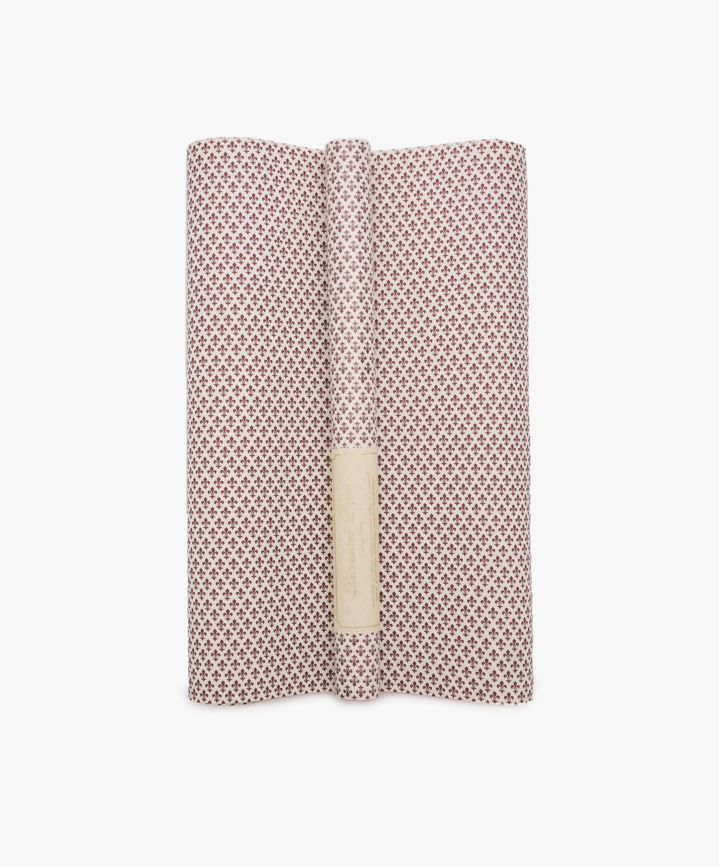 The Lilies Gift Wrap, featuring a small red and white geometric pattern, is unrolled and displayed from above against a white background, evoking the fine detail reminiscent of stamped old leather.