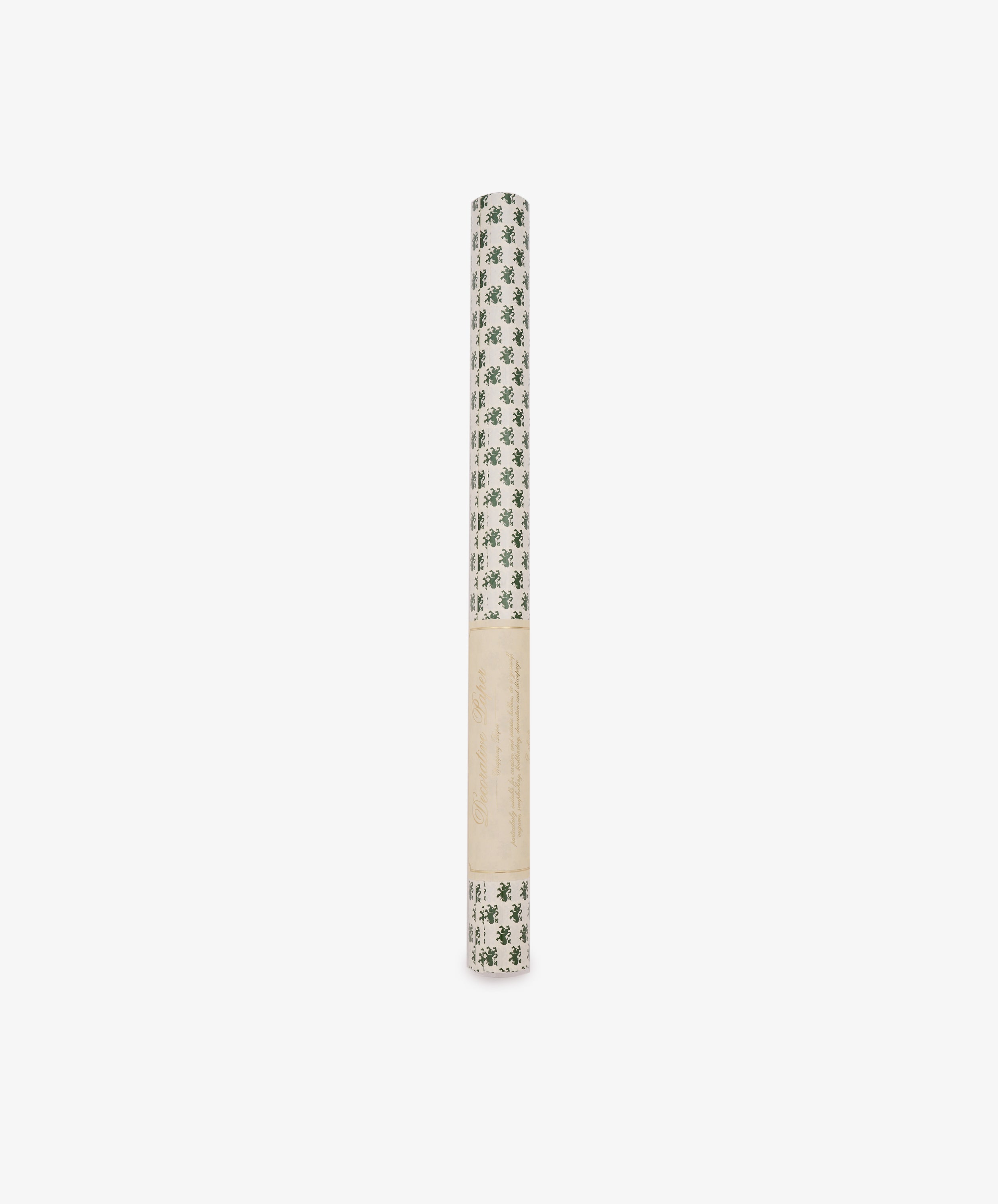 A roll of Rampant Lions Gift Wrap featuring a green botanical print on a subtle cream background, wrapped in a beige paper label and displayed against a plain white backdrop.