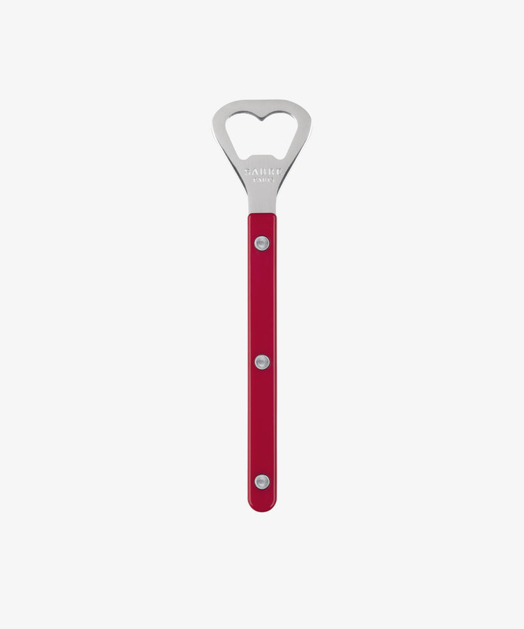 Bottle Opener by Sabre. Red, straight-lined acrylic handle with stainless steel opener at top.