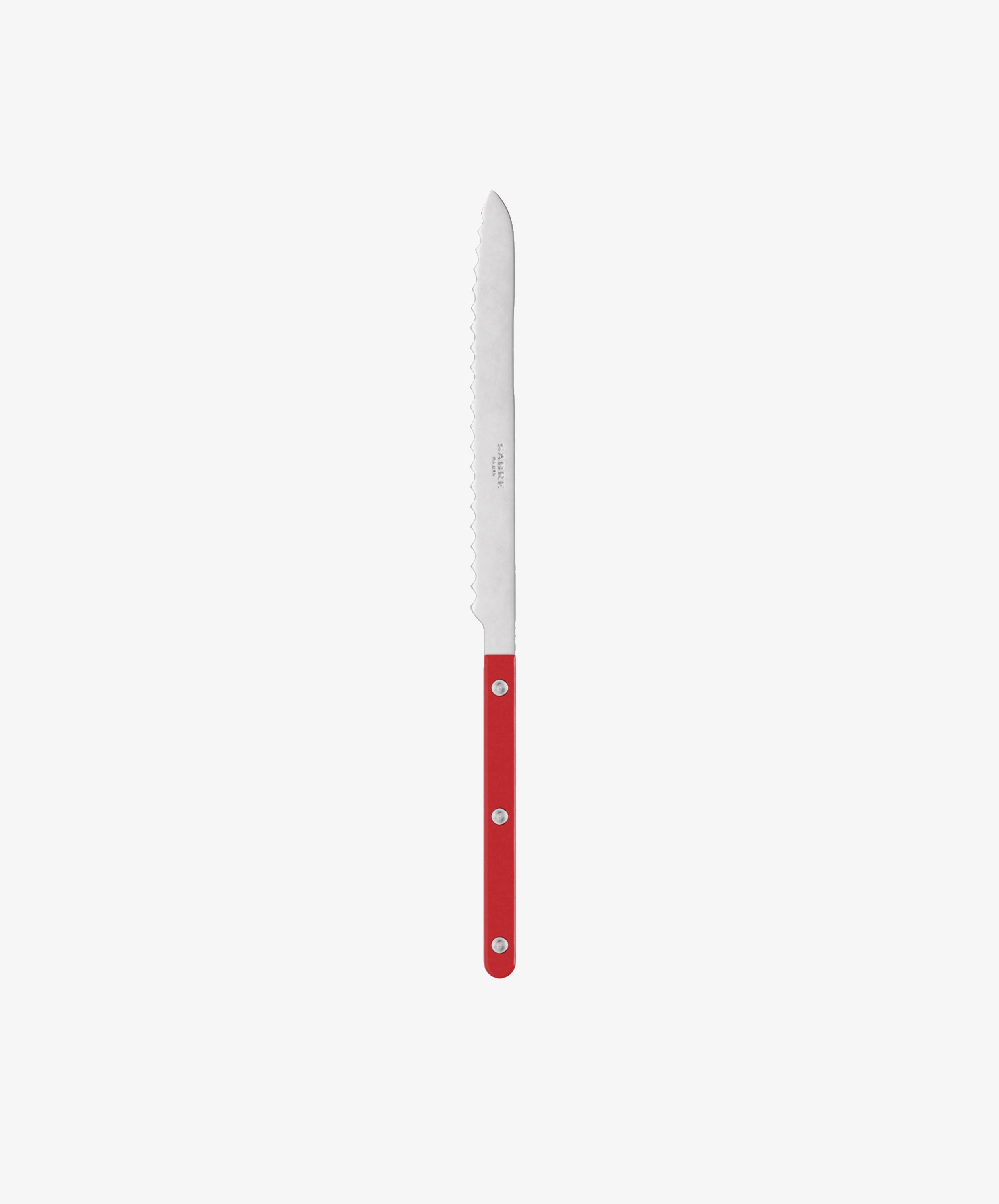 The Bistrot Bread Knife has a long, serrated stainless steel blade and a vibrant red handle—an essential kitchen tool, pictured on a plain white background.