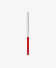 The Bistrot Bread Knife has a long, serrated stainless steel blade and a vibrant red handle—an essential kitchen tool, pictured on a plain white background.