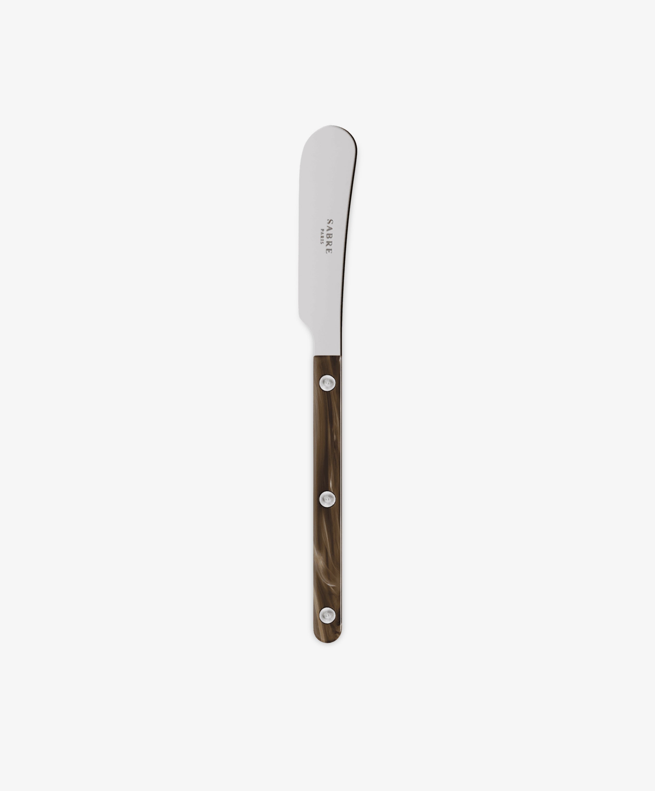 The Butter Knife features a stainless steel blade and a brown marbled handle with three rivets, elegantly displayed on a white background—ideal for elevating your French kitchen utensils collection.