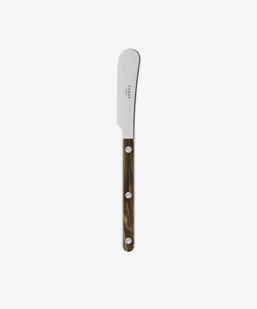 The Butter Knife features a stainless steel blade and a brown marbled handle with three rivets, elegantly displayed on a white background—ideal for elevating your French kitchen utensils collection.