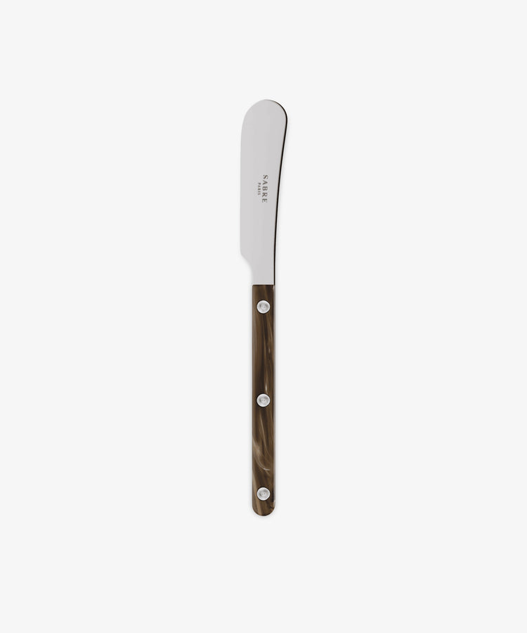 The Butter Knife features a stainless steel blade and a brown marbled handle with three rivets, elegantly displayed on a white background—ideal for elevating your French kitchen utensils collection.
