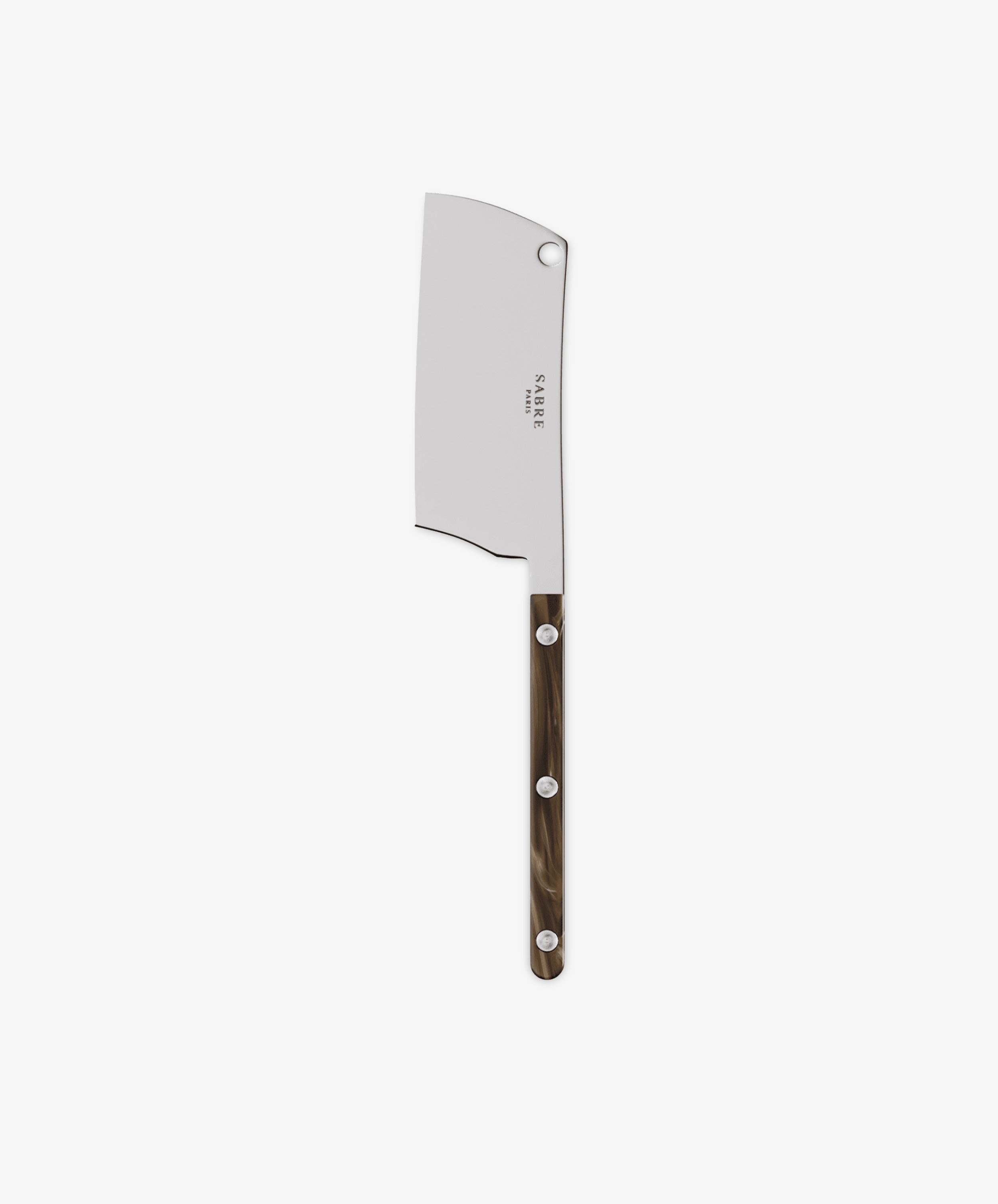 A Cheese Cleaver from the Sabre Bistrot collection, featuring a stainless steel blade and a dark brown handle, photographed on a plain white background—an essential addition to your kitchen utensils.