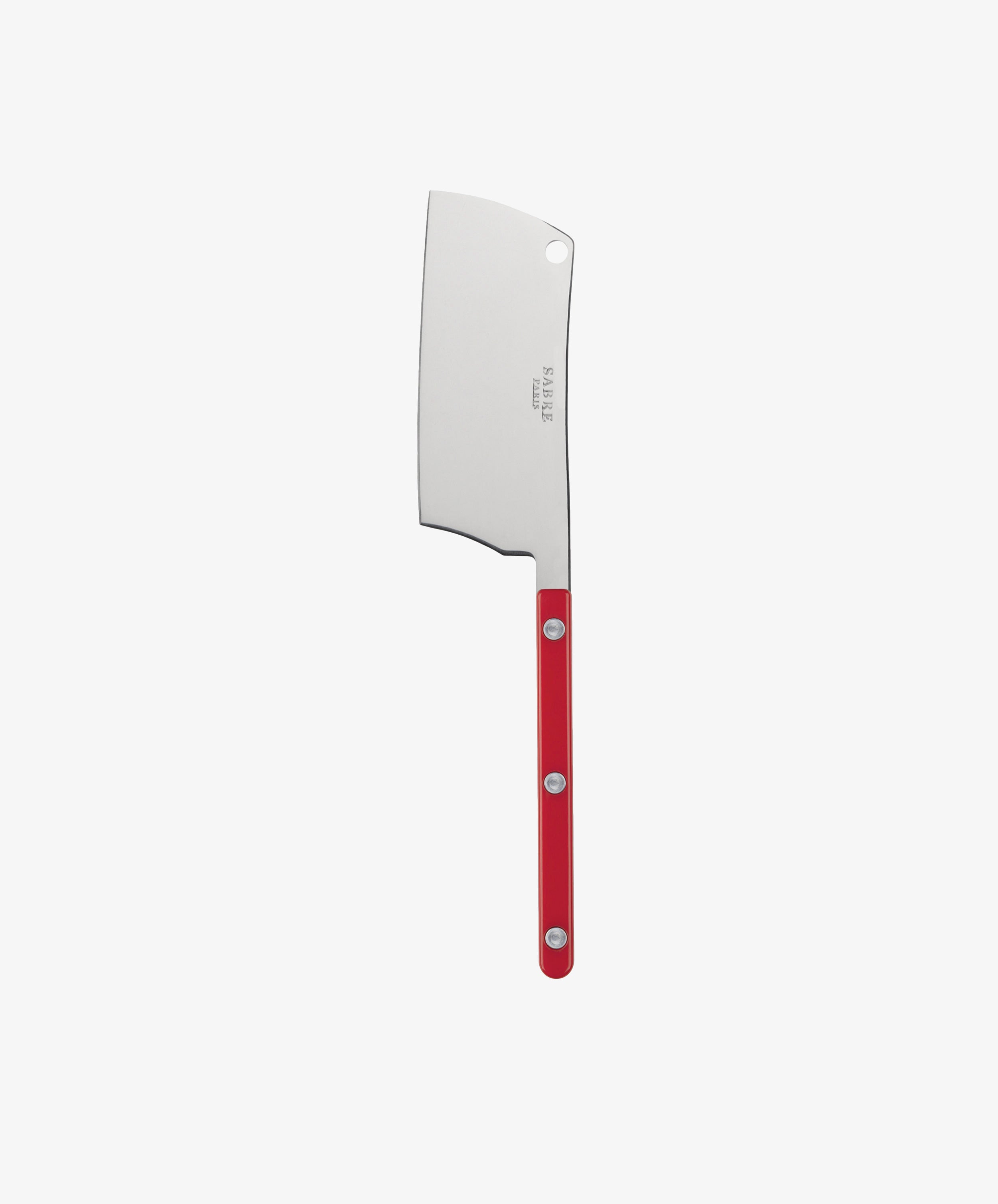 The Cheese Cleaver features a stainless steel blade and a red handle with three rivets, shown against a plain white background.
