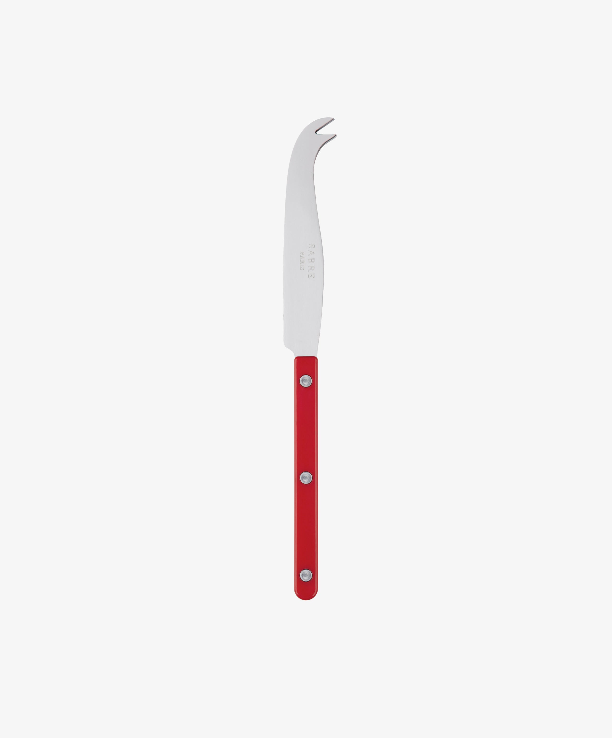 The Large Cheese Knife features a stainless steel blade with a forked tip and a red handle with three rivets, displayed against a plain white background.