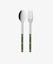 The Bistrot Serving Set, featuring a metal spoon and fork with green handles and silver rivets, is displayed side by side on a white background.