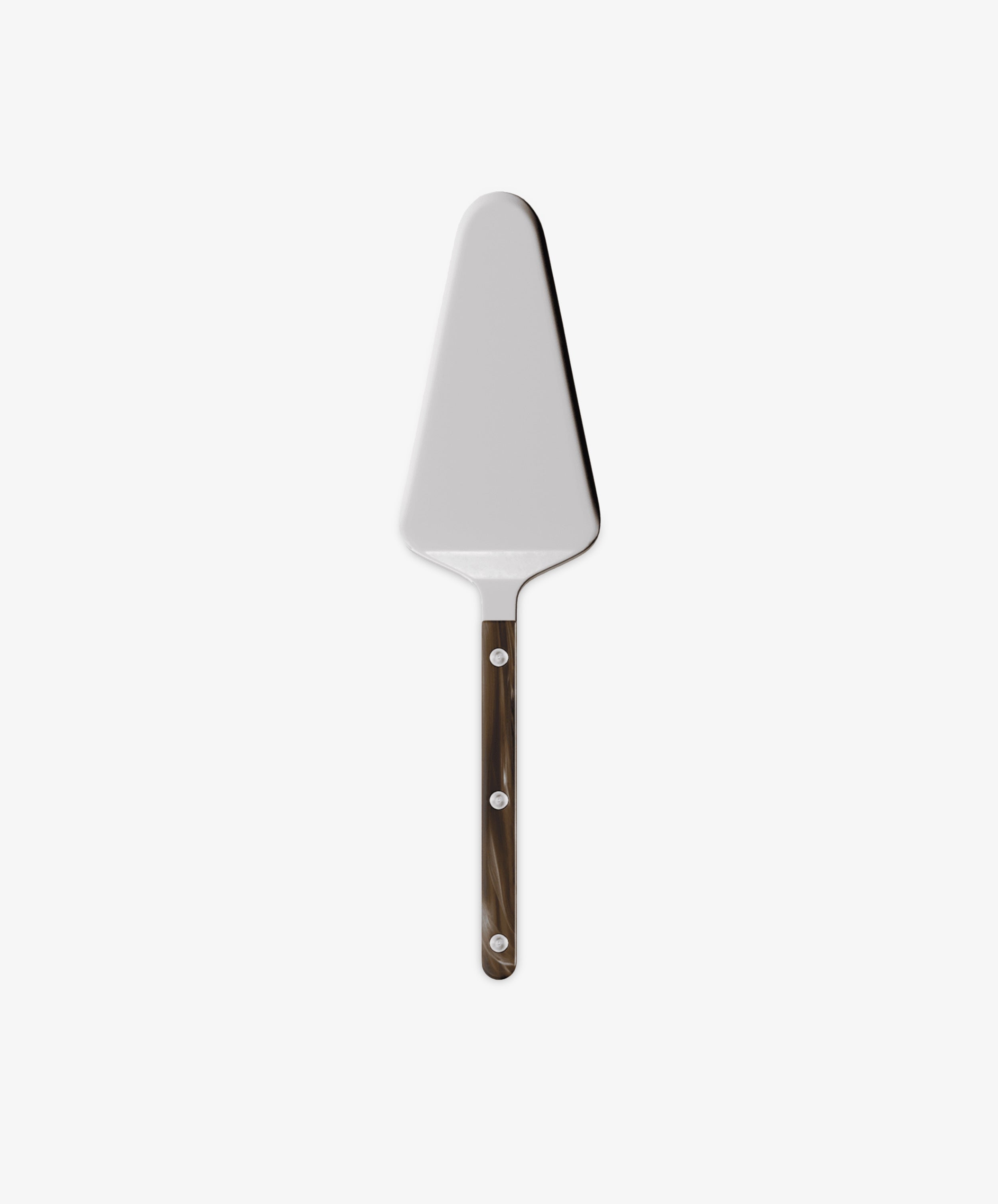 The Tart Server from the Sabre bistrot cutlery set features a triangular metal blade and dark handle, shown against a plain white background—an elegant and stylish addition to your kitchen utensils collection.