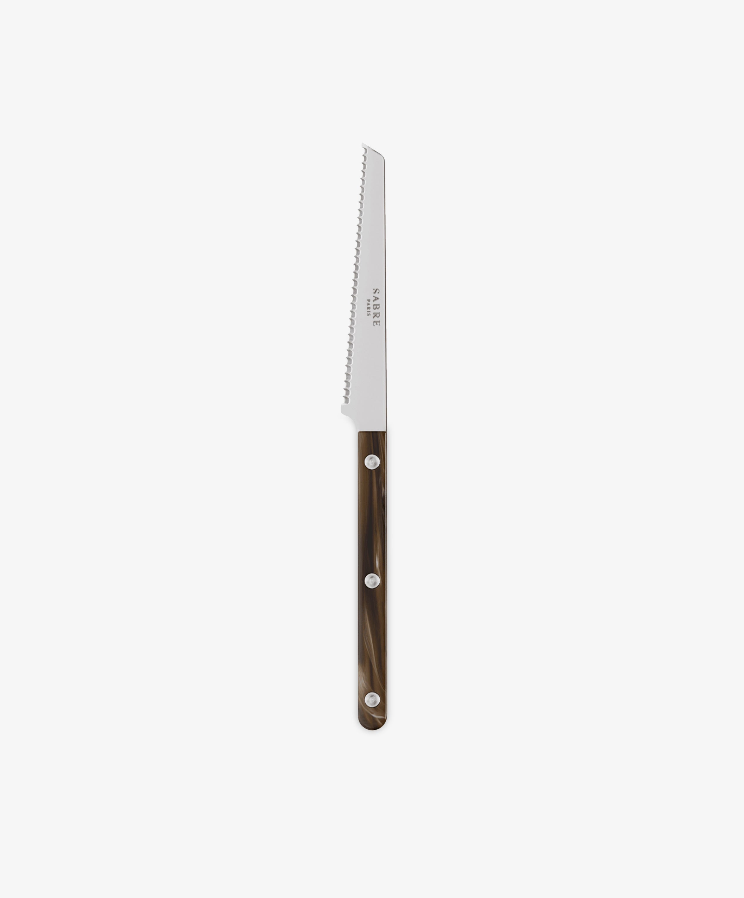 A Tomato Knife with a brown handle and three rivets, displayed on a white background—an elegant addition to your kitchen utensils collection.