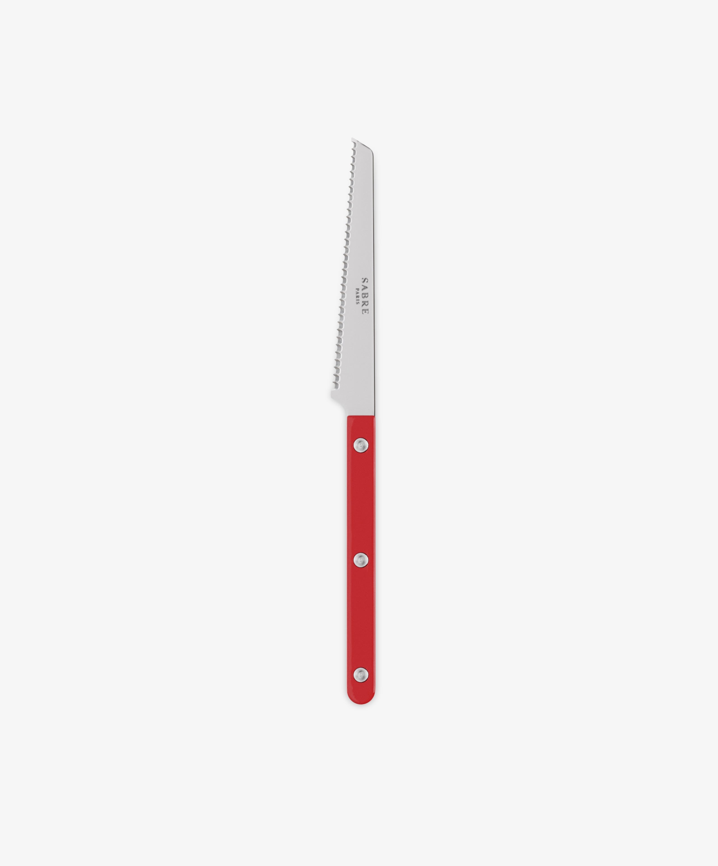 A Tomato Knife with a serrated silver blade and a red handle featuring three metal rivets, displayed on a plain white background.