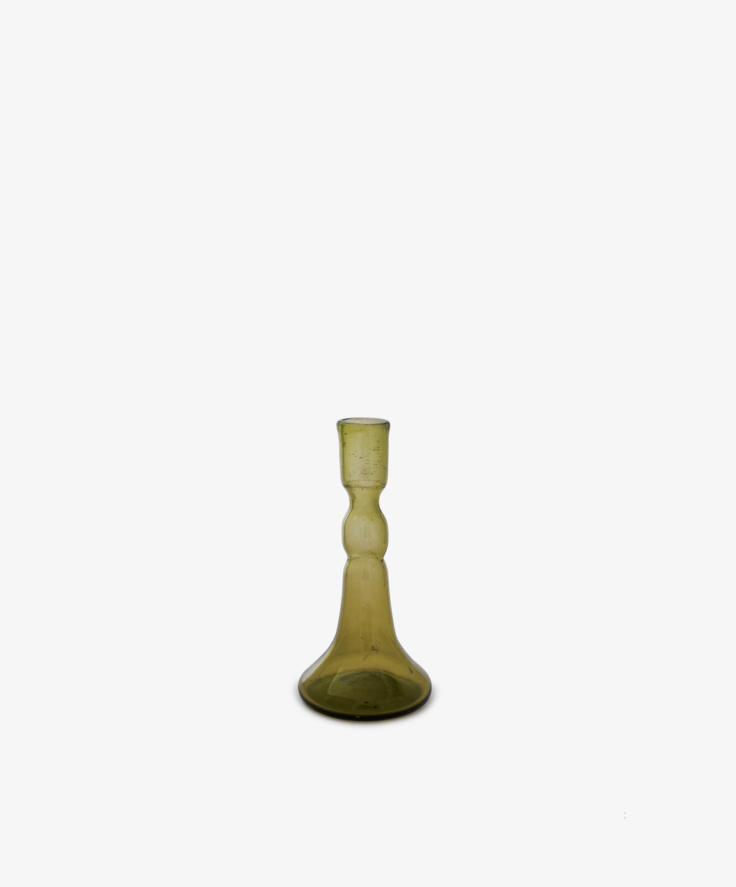 The Lucia candleholder, made of olive glass with a bulbous base and narrow neck, is centered against a plain white background—ideal for enhancing any table setting.
