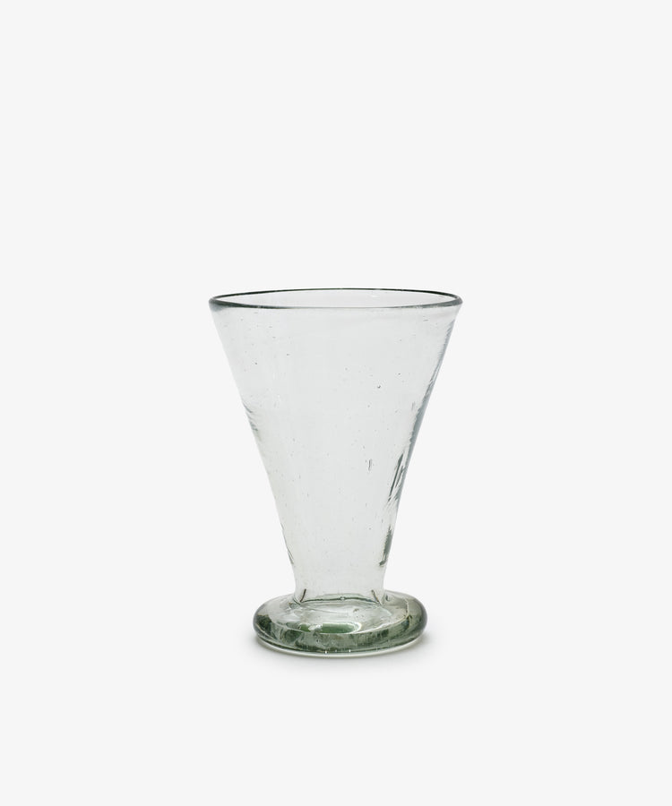 The Elodie Footed Wine Glass, Set of 6, features handmade Moroccan tumblers with wide rims and narrow bases, crafted from recycled glass on round, thick feet, displayed against a plain white background.