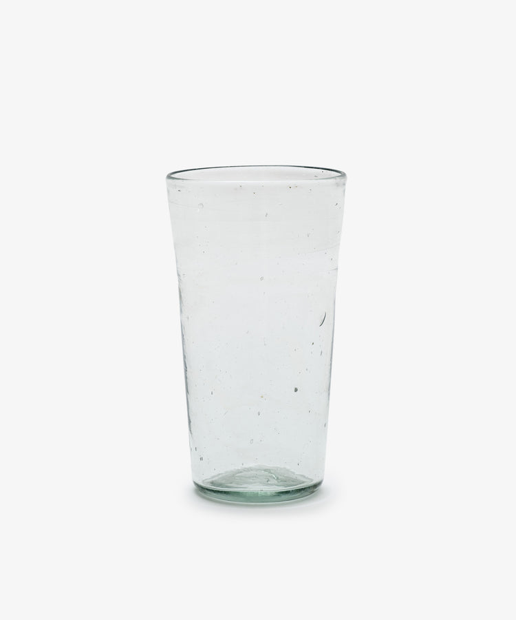 The Elodie Water Glass, Set of 6, features clear glass tumblers inspired by handblown Moroccan glassware, beautifully displayed against a plain white background.