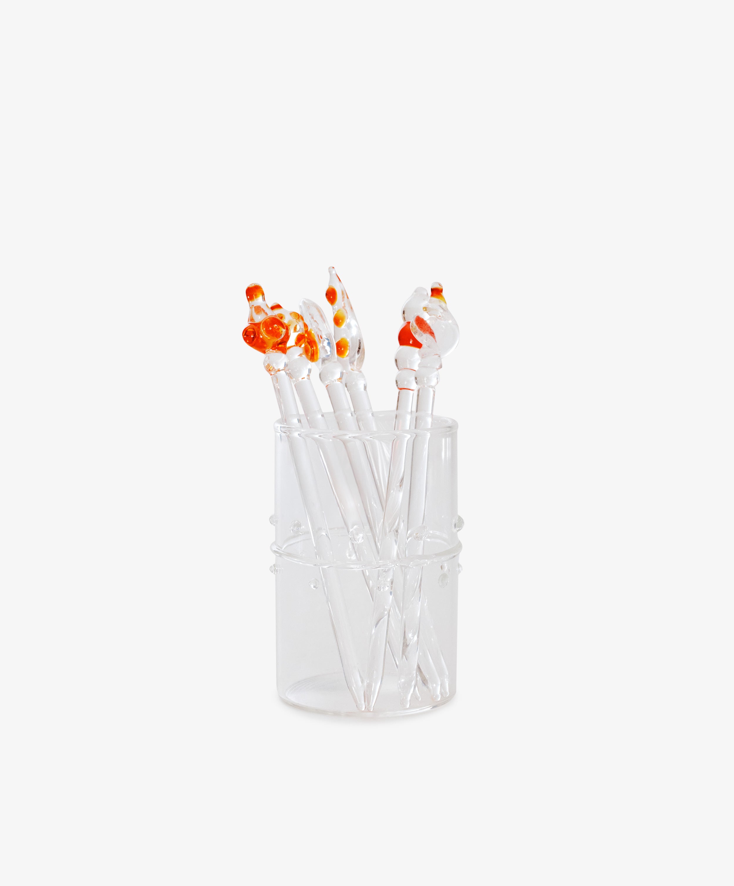 Set of six Festa Cocktail and Nibble Sticks in a clear glass holder, each featuring an orange and white koi fish design, displayed against a plain white background.