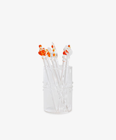 Set of six Festa Cocktail and Nibble Sticks in a clear glass holder, each featuring an orange and white koi fish design, displayed against a plain white background.