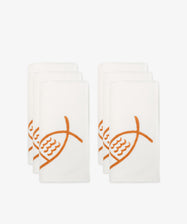 The Pezza Napkin set includes six white Italian linen napkins featuring an orange embroidered fish pattern, arranged in two rows on a plain white backgroundâ€”perfect for adding a coastal touch to your table.