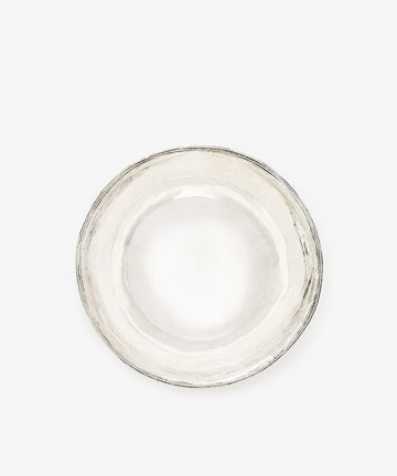 A Vintage Silver Bowl with a round shape, antique finish, subtly textured surface, and simple beaded rim, shown from above on a white background.