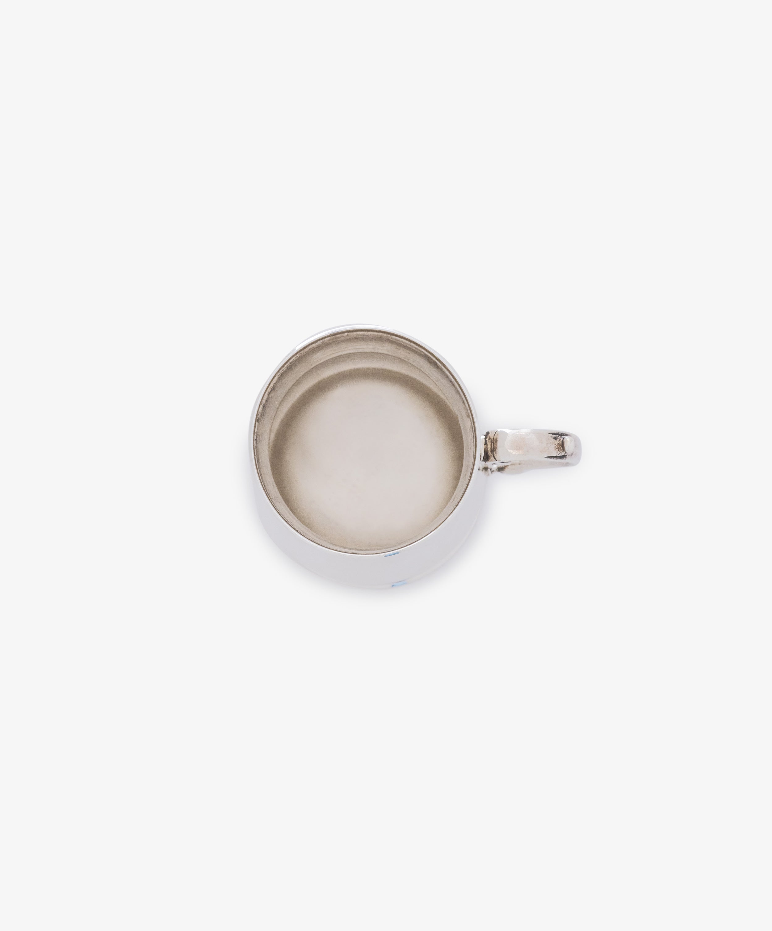 A Vintage English Silver Child's Mug with a handle is shown from above on a plain white background—a classic, timeless gift perfect for any baby.