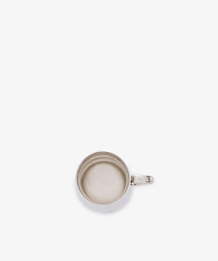 A top-down view of the Vintage English Silver Child's Mug, empty with a handle, centered on a plain white background.