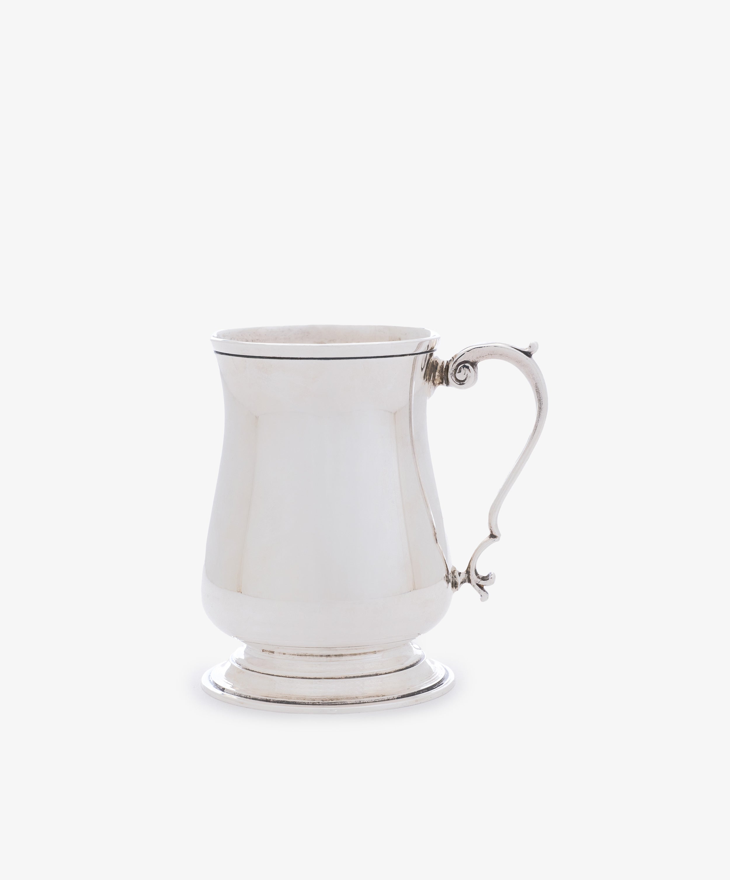 The Vintage English Silver Child's Mug features a polished finish, curved handle, and flared base—an ideal vintage gift for children, beautifully displayed against a plain white background.