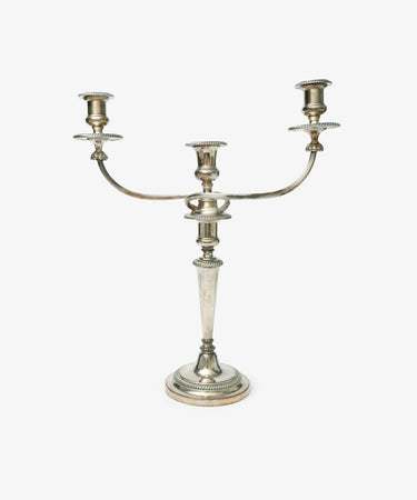 A set of 2 Vintage Silver-Plated Sheffield Plate Candelabra, each with three arms, central stem, decorative details, and a round base, showcasing Georgian-era elegance—photographed against a white background.