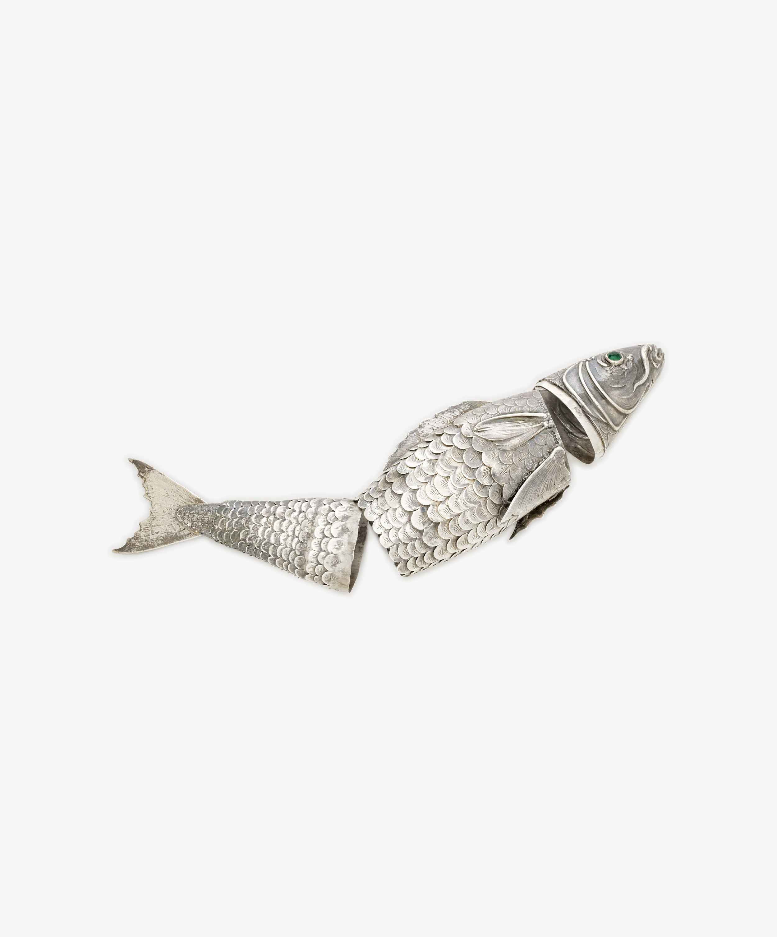 The Vintage Silver Articulating Fish, a fish-shaped container with detailed scales and a hinged, articulated body, is shown slightly open against a plain white background.