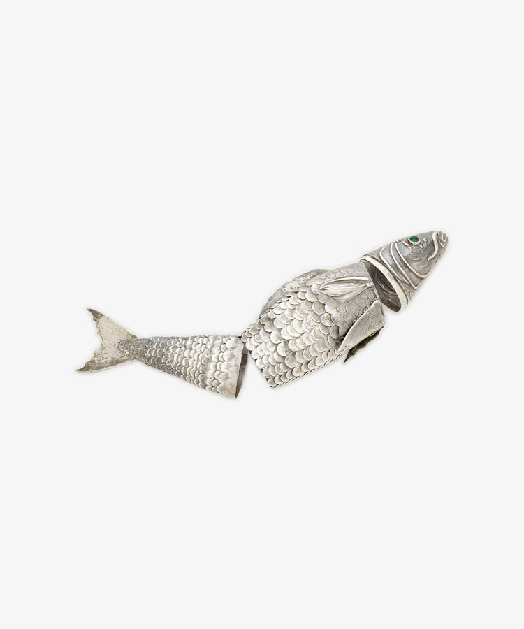 The Vintage Silver Articulating Fish, a fish-shaped container with detailed scales and a hinged, articulated body, is shown slightly open against a plain white background.