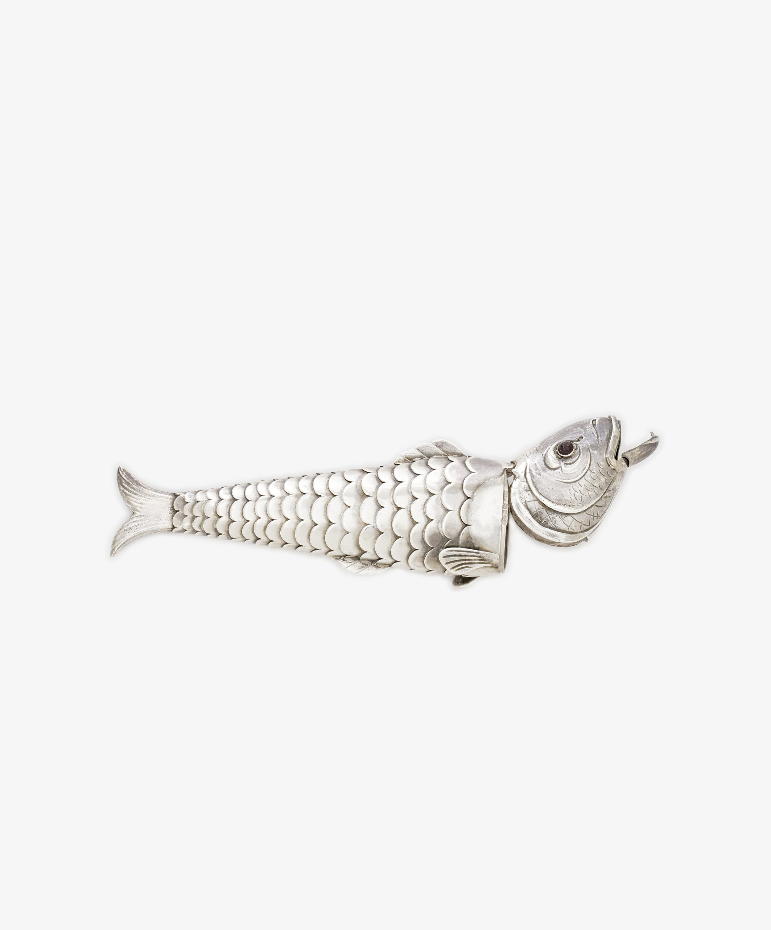 The Vintage Silver Articulating Fish is a charming, detailed fish-shaped container with moving segments and an open mouth, showcased against a plain white background—a timeless vintage silver collectible.