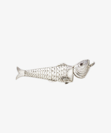 The Vintage Silver Articulating Fish is a charming, detailed fish-shaped container with moving segments and an open mouth, showcased against a plain white background—a timeless vintage silver collectible.
