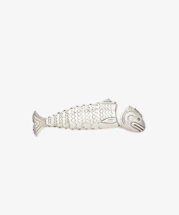 The Vintage Silver Articulating Fish, featuring detailed scales and fins, is shown against a plain white background.