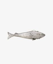 A Vintage Silver Articulating Fish, featuring textured scales and intricate details, is displayed on a plain white background.