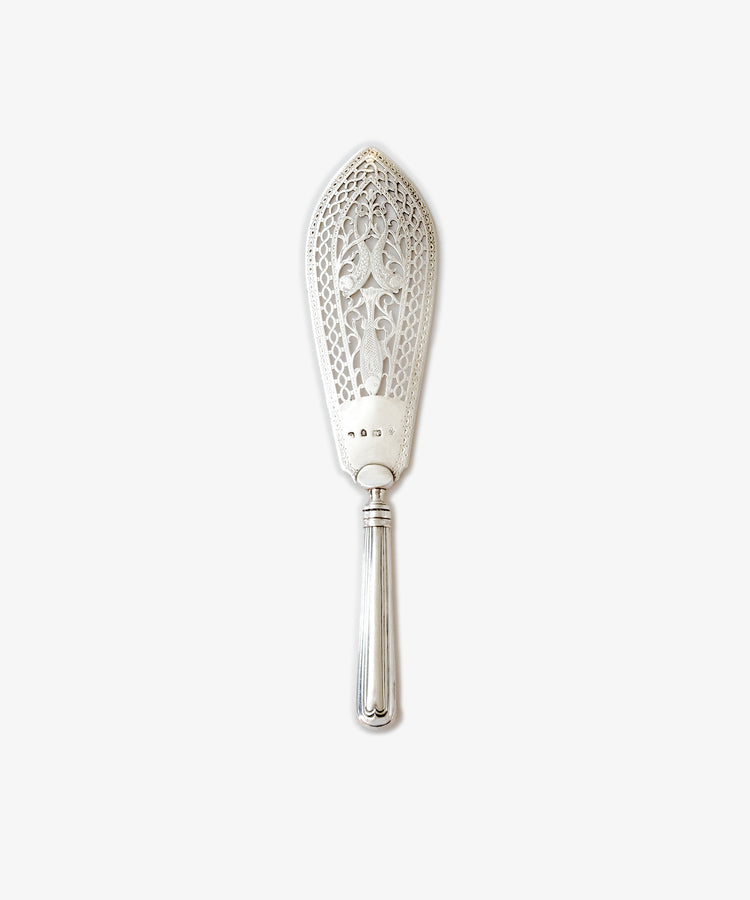 Vintage Silver George III Antique English Silver Fish Slice with ornate, pierced blade and plain rounded handle, displayed vertically on a white background—a classic piece of ceremonial tableware.
