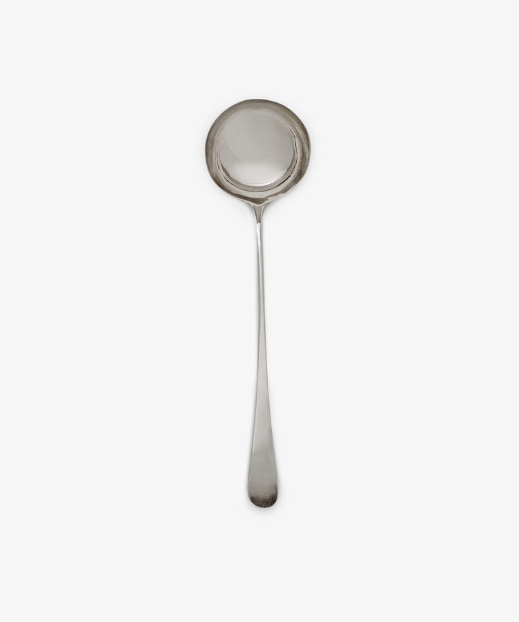 The Vintage English Silver Ladle features a round bowl and long handle inspired by Georgian design, shown against a plain white background.