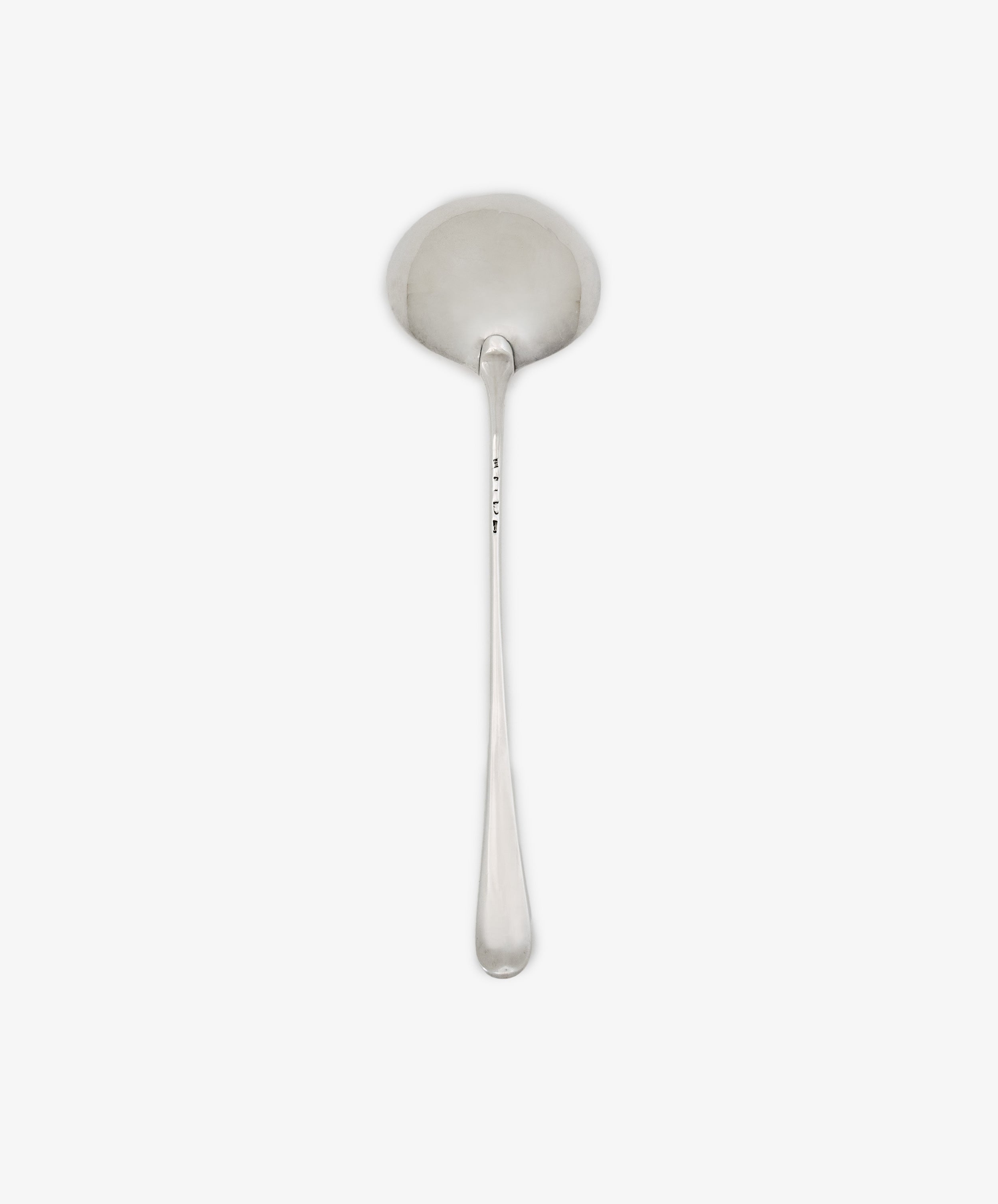 The Vintage English Silver Ladle features a round, shallow bowl and a long handle with refined Georgian craftsmanship, shown against a plain white background.