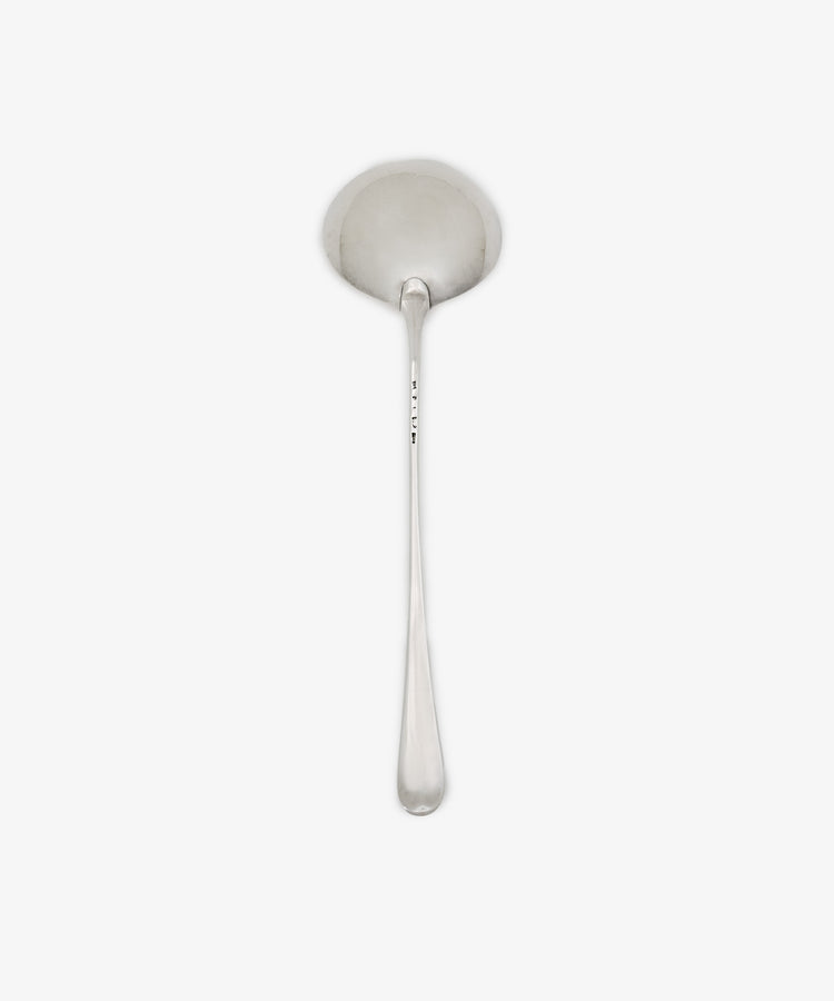 The Vintage English Silver Ladle features a round, shallow bowl and a long handle with refined Georgian craftsmanship, shown against a plain white background.