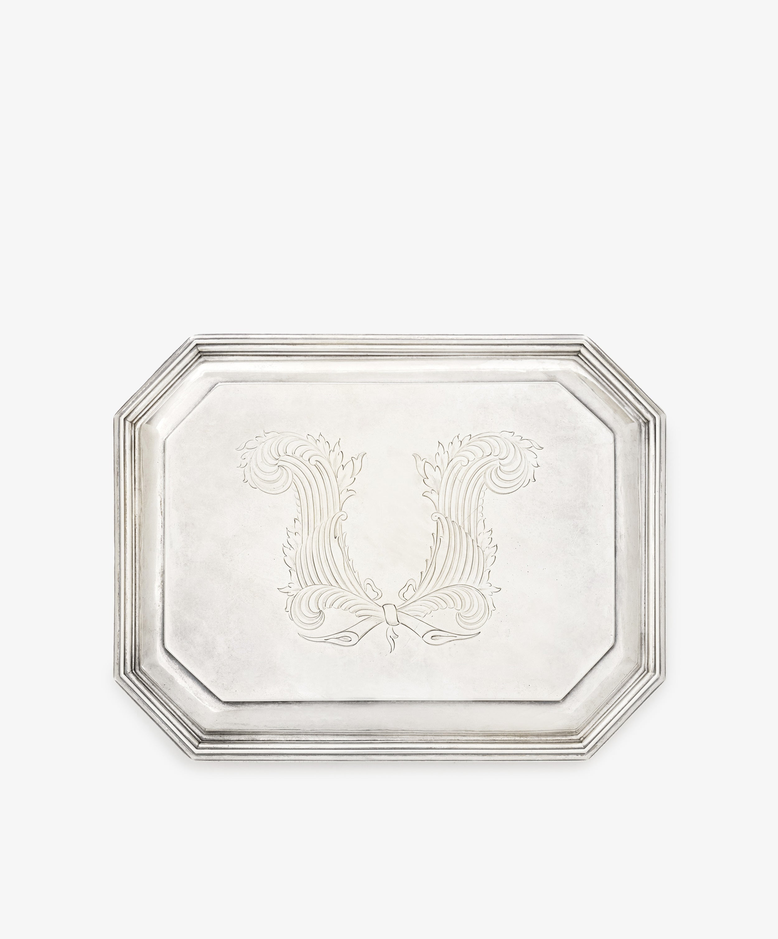Vintage English Silver Casket-inspired rectangular silver tray with beveled edges and an ornate engraved letter U at its center.