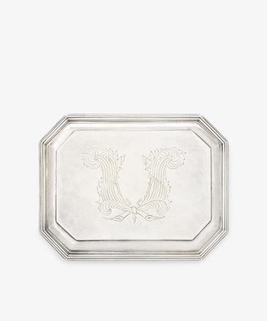 Vintage English Silver Casket-inspired rectangular silver tray with beveled edges and an ornate engraved letter U at its center.