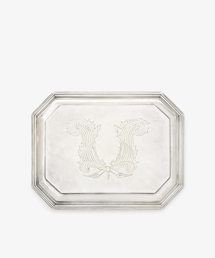 Vintage English Silver Casket-inspired rectangular silver tray with beveled edges and an ornate engraved letter U at its center.