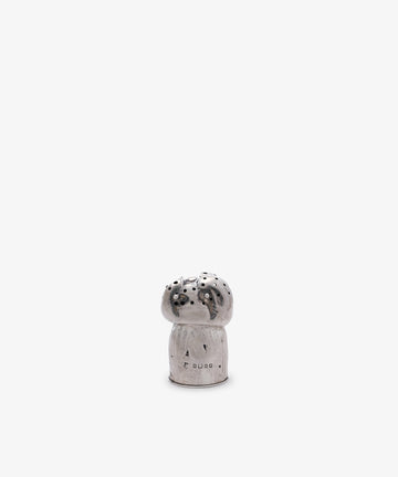 The Vintage Silver Mushroom Pepper Pot features a small, silver, mushroom-shaped design with multiple top holes. Shown against a plain white background, it makes a charming addition to any collectible tableware collection.