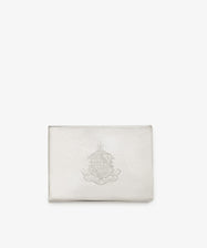 Vintage Scottish Silver Box featuring an engraved crest and decorative emblem centered on the front, displayed against a plain white background.