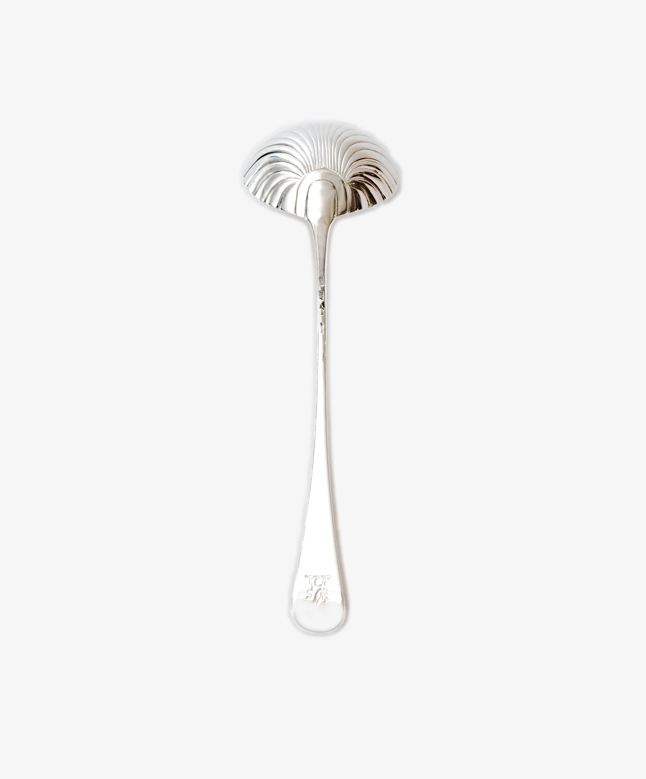 Vintage Silver George III Antique Irish Silver Soup Ladle featuring a shell-shaped bowl and long handle, exemplifying 18th-century craftsmanship, photographed on a white background.