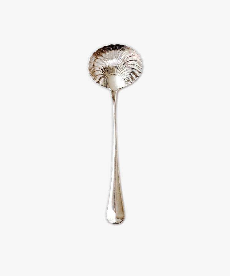 A Vintage Silver George III Antique Irish Silver Soup Ladle with a long handle and shell-shaped, scalloped bowl, highlighting 18th-century craftsmanship, is displayed against a plain white background.