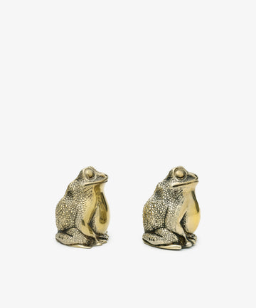 A vintage pair of Tiffany frog salt and pepper shakers, crafted in metallic silver with textured surfaces, are displayed side by side against a plain white background.