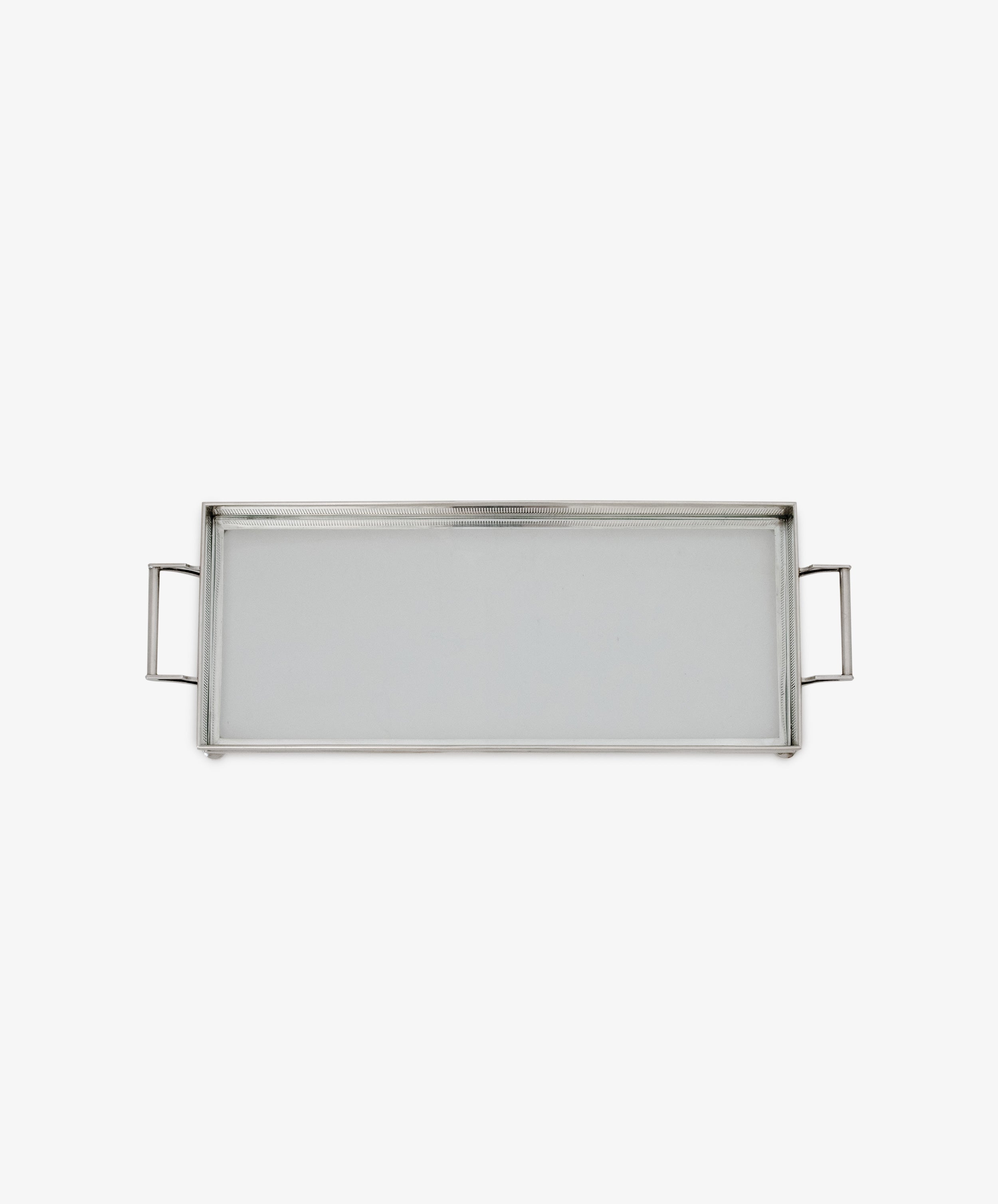 The Vintage Silver and Glass Tray is a rectangular serving tray with two side handles, shown against a white background.