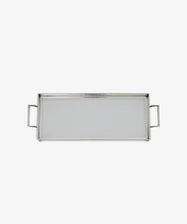 The Vintage Silver and Glass Tray is a rectangular serving tray with two side handles, shown against a white background.