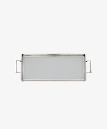 The Vintage Silver and Glass Tray is a rectangular serving tray with two side handles, shown against a white background.