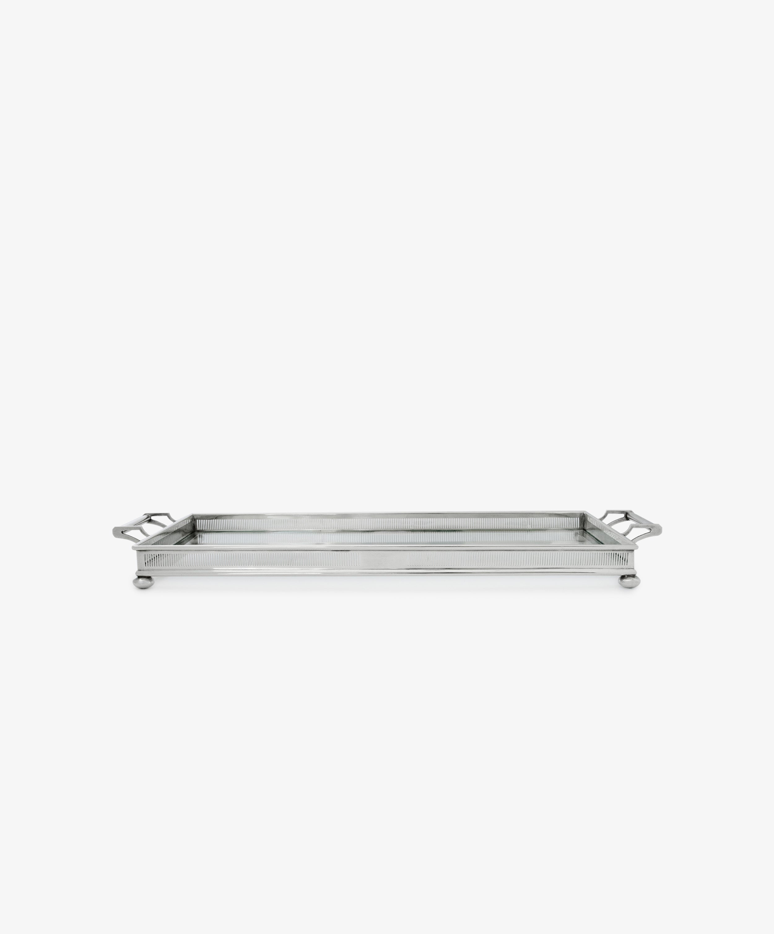 The Vintage Silver and Glass Tray features a rectangular design with raised edges, side handles, and four small feet—ideal for serving cocktails. Shown against a plain white background.
