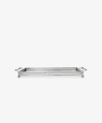 The Vintage Silver and Glass Tray features a rectangular design with raised edges, side handles, and four small feet—ideal for serving cocktails. Shown against a plain white background.