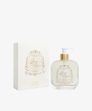 Clear pump bottle of Acqua Della Regina Bath Gel with a gold label, shown beside its matching white and gold box on a plain white background.